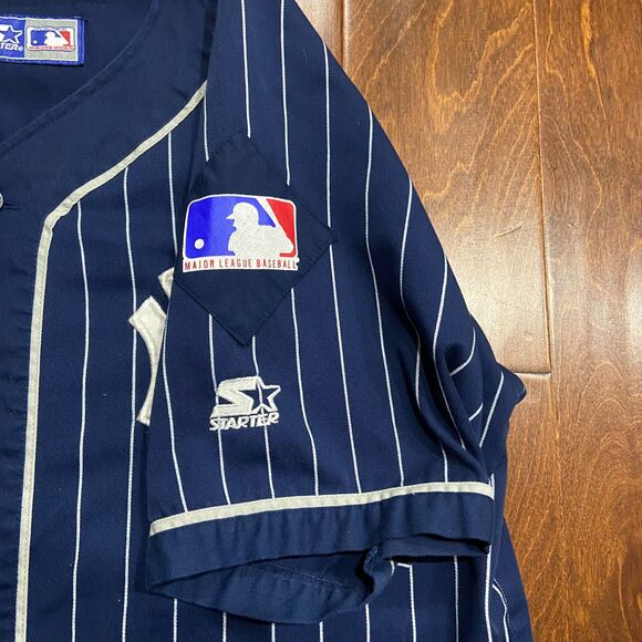 STARTER Vintage 90s MLB New York Yankees Baseball Jersey Navy White Pinstripe L - Picture 5 of 9